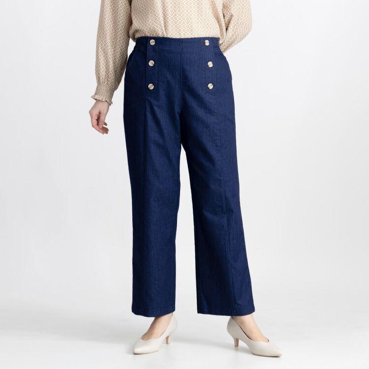 【送料無料】 デニムストレッチパンツ 2色 M-LL 洗える 10分丈 レディース ボトムス パンツ ワイドパンツ ストレッチパンツ デニムパンツ マリンパンツ |  | 10