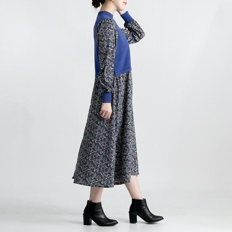 【送料無料】 花柄ワンピース 2色 M-L 洗える 長袖 レイヤード風 レディース ワンピース ロングワンピース ドッキングワンピース 異素材 春秋冬 |  | 06