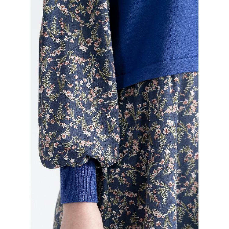 【送料無料】 花柄ワンピース 2色 M-L 洗える 長袖 レイヤード風 レディース ワンピース ロングワンピース ドッキングワンピース 異素材 春秋冬 |  | 07