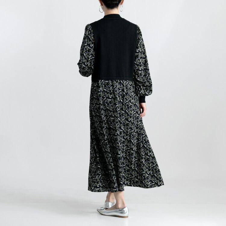 【送料無料】 花柄ワンピース 2色 M-L 洗える 長袖 レイヤード風 レディース ワンピース ロングワンピース ドッキングワンピース 異素材 春秋冬 |  | 09