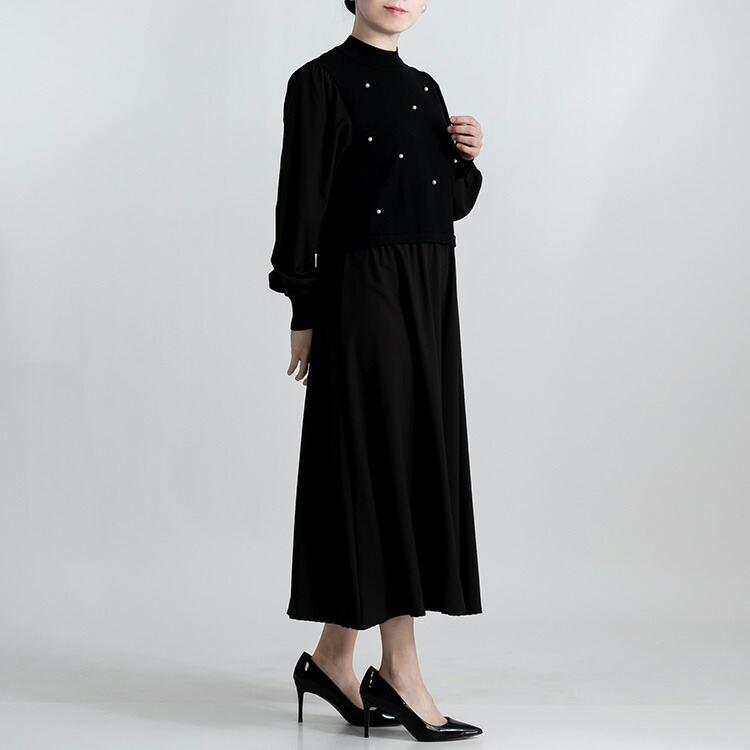 【送料無料】 パール付きワンピース 3色 M-L 洗える レイヤード風 長袖 レディース ワンピース ロングワンピース ドッキングワンピース 春秋冬 |  | 13