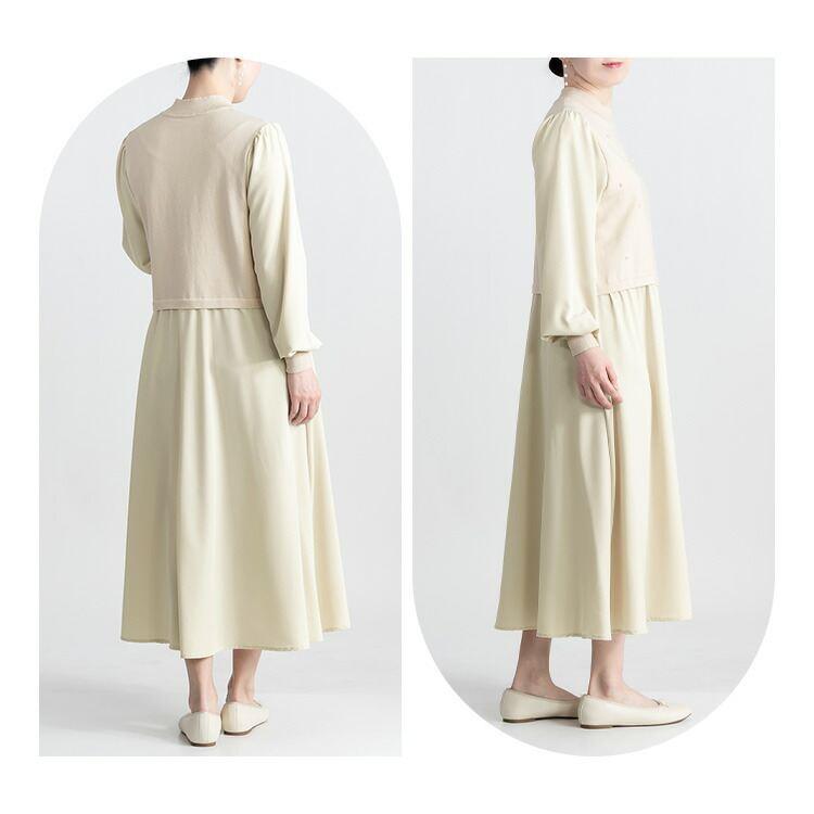 【送料無料】 パール付きワンピース 3色 M-L 洗える レイヤード風 長袖 レディース ワンピース ロングワンピース ドッキングワンピース 春秋冬 |  | 07