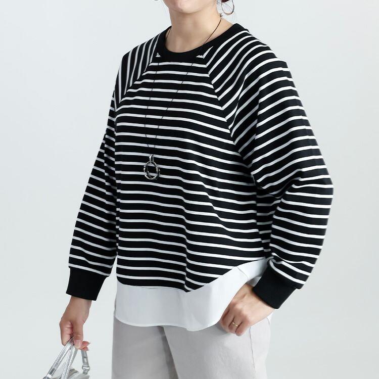 【準新作/送料無料】 レイヤード風チュニック M-L ボーダー柄 長袖 洗える レディース トップス カットソー プルオーバー トレーナー 重ね着風 春秋冬 |  | 08