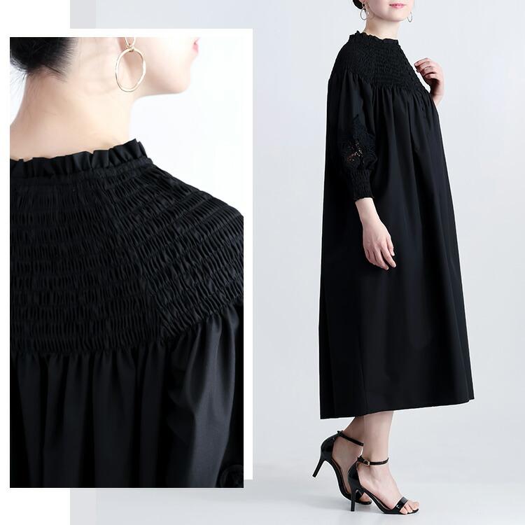 【送料無料/再入荷】 レース×シャーリングワンピース 3色 M-L 洗える 長袖 7分袖 レディースファッション トップス ワンピース Aライン レース 春夏秋 |  | 14