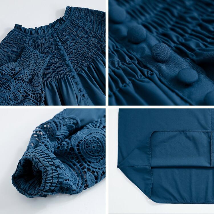 【送料無料/再入荷】 レース×シャーリングワンピース 3色 M-L 洗える 長袖 7分袖 レディースファッション トップス ワンピース Aライン レース 春夏秋 |  | 16