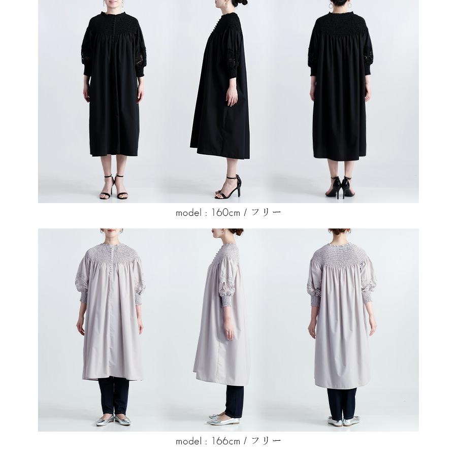 【送料無料/再入荷】 レース×シャーリングワンピース 3色 M-L 洗える 長袖 7分袖 レディースファッション トップス ワンピース Aライン レース 春夏秋 |  | 17