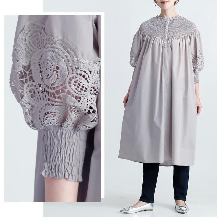 【送料無料/再入荷】 レース×シャーリングワンピース 3色 M-L 洗える 長袖 7分袖 レディースファッション トップス ワンピース Aライン レース 春夏秋 |  | 08