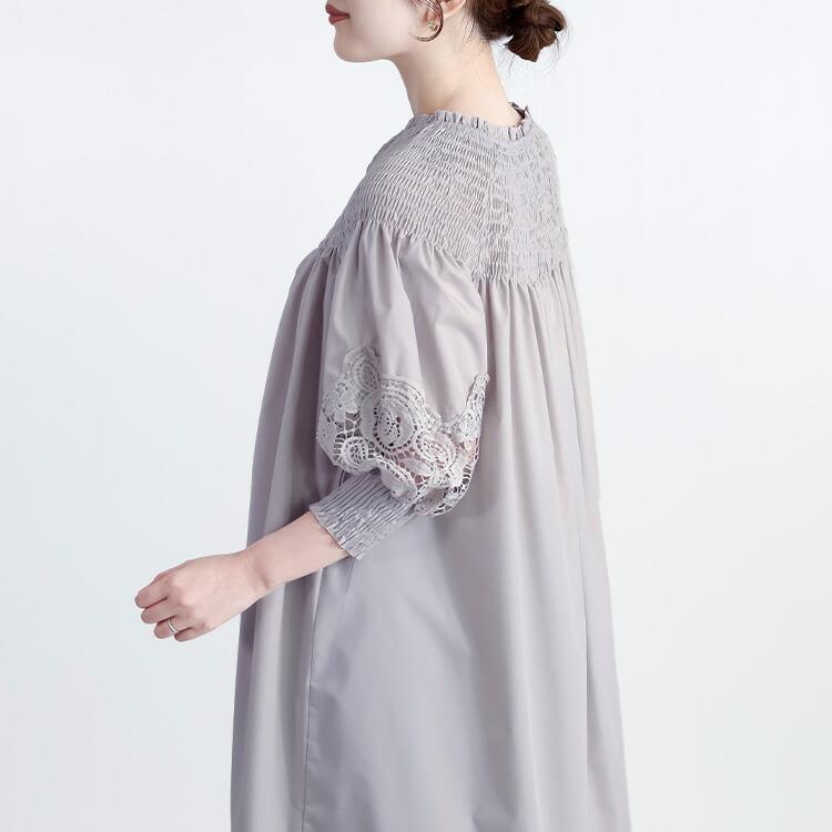 【送料無料/再入荷】 レース×シャーリングワンピース 3色 M-L 洗える 長袖 7分袖 レディースファッション トップス ワンピース Aライン レース 春夏秋 |  | 09