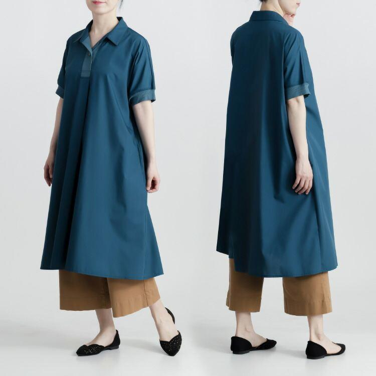 【送料無料】 衿付きチュニックワンピース 2色 M-L 洗える 半袖 レディース トップス ロング チュニック ワンピース オープンカラー Aライン 膝丈 春夏秋 |  | 10
