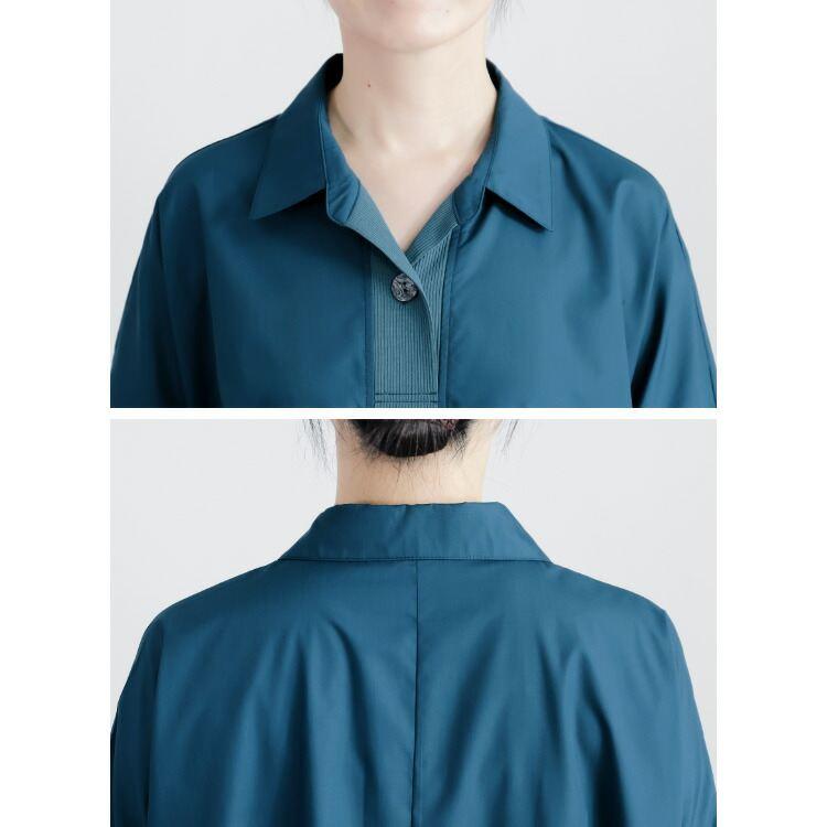 【送料無料】 衿付きチュニックワンピース 2色 M-L 洗える 半袖 レディース トップス ロング チュニック ワンピース オープンカラー Aライン 膝丈 春夏秋 |  | 11