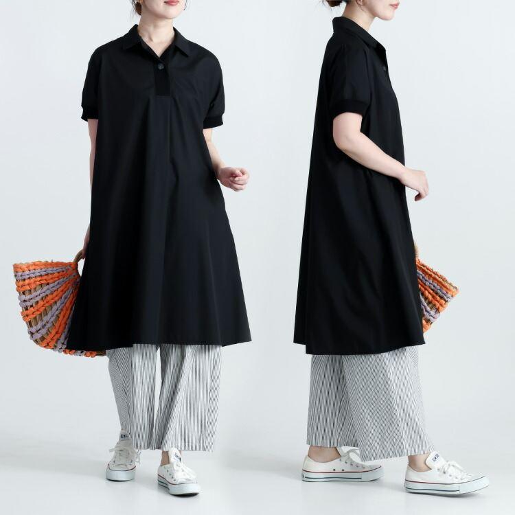 【送料無料】 衿付きチュニックワンピース 2色 M-L 洗える 半袖 レディース トップス ロング チュニック ワンピース オープンカラー Aライン 膝丈 春夏秋 |  | 07