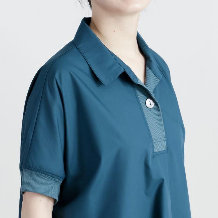 【送料無料】 衿付きチュニックワンピース 2色 M-L 洗える 半袖 レディース トップス ロング チュニック ワンピース オープンカラー Aライン 膝丈 春夏秋 |  | 09