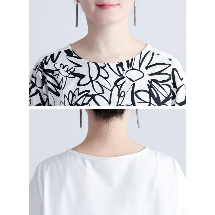 【送料無料】 アート風花柄カットソー 2色 M-L 洗える 半袖 モノトーン ドルマン レディース トップス カットソー プルオーバー チュニック 花柄 春夏 |  | 11
