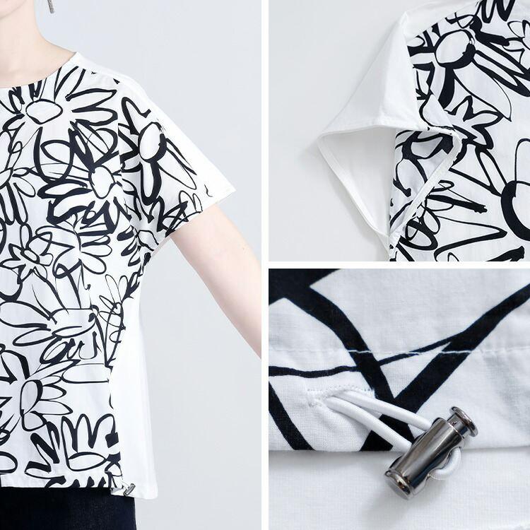 【送料無料】 アート風花柄カットソー 2色 M-L 洗える 半袖 モノトーン ドルマン レディース トップス カットソー プルオーバー チュニック 花柄 春夏 |  | 12