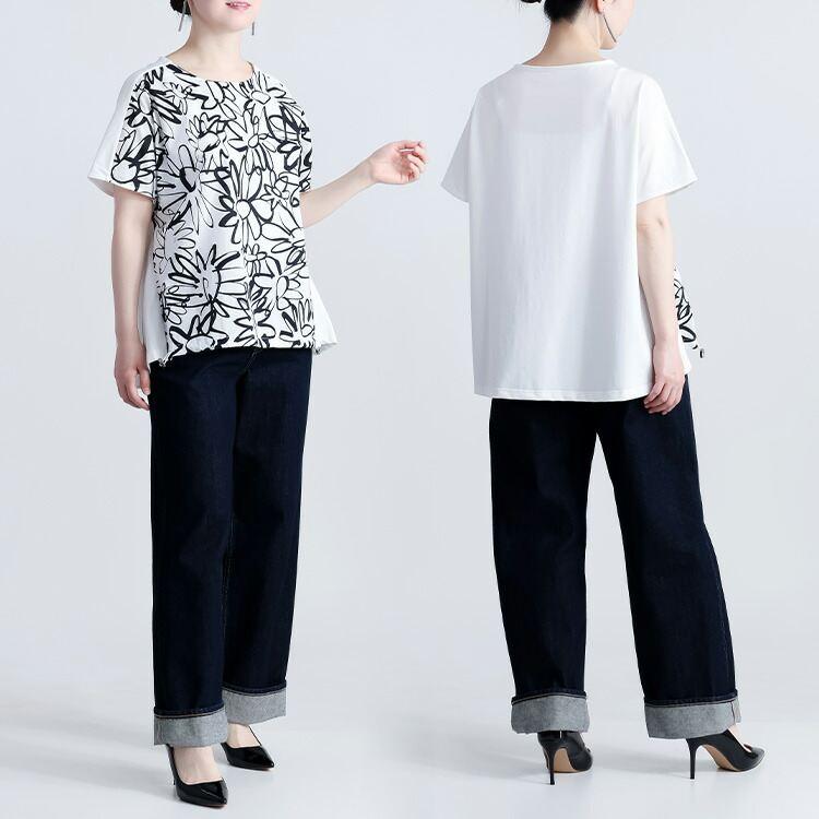 【送料無料】 アート風花柄カットソー 2色 M-L 洗える 半袖 モノトーン ドルマン レディース トップス カットソー プルオーバー チュニック 花柄 春夏 |  | 07