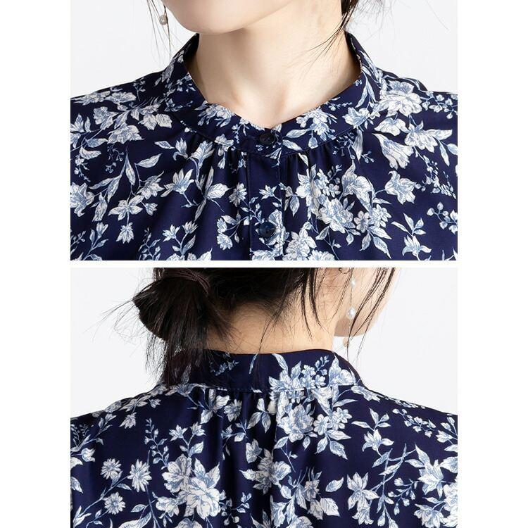 【送料無料】 花柄ジョーゼットブラウス 3色 M L 洗える 長袖 レディース トップス ブラウス スタンドカラー バンドカラー 花柄 体型カバー ジョーゼット |  | 17