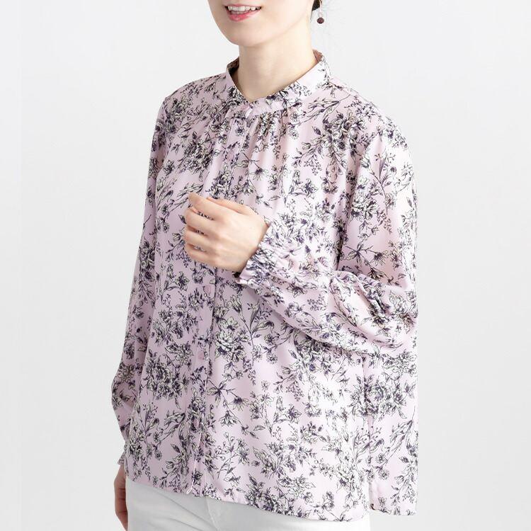 【送料無料】 花柄ジョーゼットブラウス 3色 M L 洗える 長袖 レディース トップス ブラウス スタンドカラー バンドカラー 花柄 体型カバー ジョーゼット |  | 12