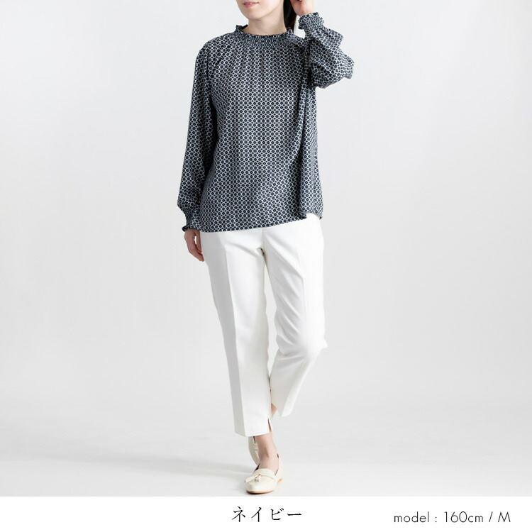 【送料無料】 シャーリングブラウス 3色 M L 洗える 長袖 レディース トップス ブラウス チュニック スタンドカラー フリル衿 シャーリング 春秋冬 |  | 10