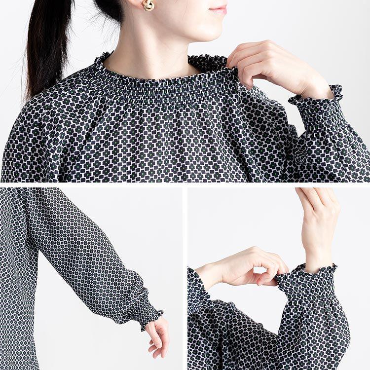 【送料無料】 シャーリングブラウス 3色 M L 洗える 長袖 レディース トップス ブラウス チュニック スタンドカラー フリル衿 シャーリング 春秋冬 |  | 14