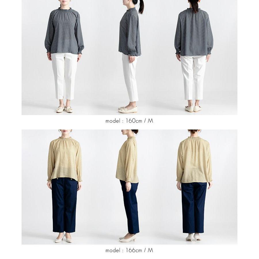 【送料無料】 シャーリングブラウス 3色 M L 洗える 長袖 レディース トップス ブラウス チュニック スタンドカラー フリル衿 シャーリング 春秋冬 |  | 15