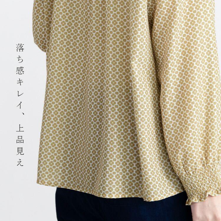 【送料無料】 シャーリングブラウス 3色 M L 洗える 長袖 レディース トップス ブラウス チュニック スタンドカラー フリル衿 シャーリング 春秋冬 |  | 03