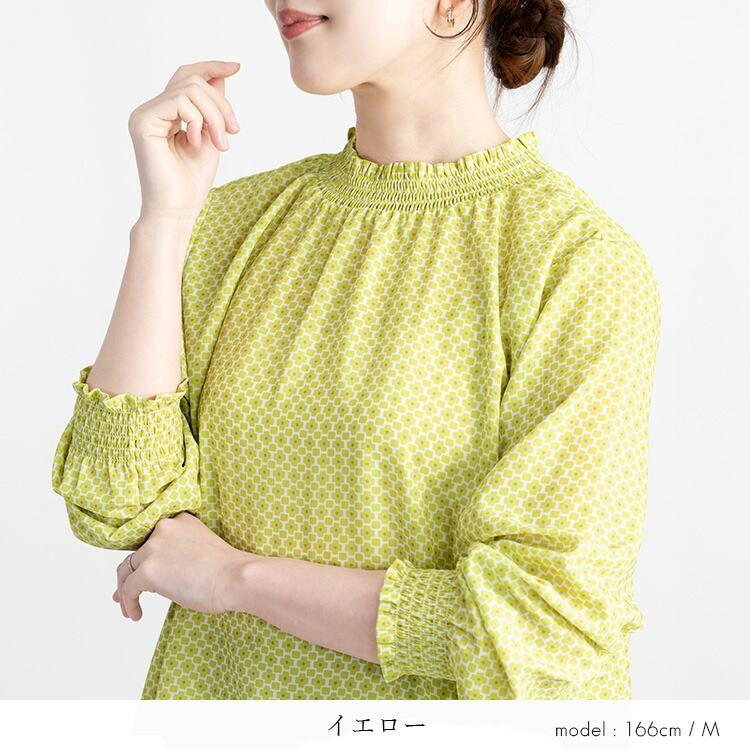 【送料無料】 シャーリングブラウス 3色 M L 洗える 長袖 レディース トップス ブラウス チュニック スタンドカラー フリル衿 シャーリング 春秋冬 |  | 07