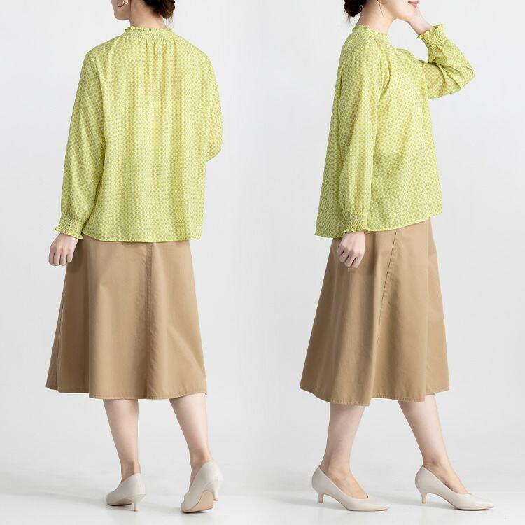 【送料無料】 シャーリングブラウス 3色 M L 洗える 長袖 レディース トップス ブラウス チュニック スタンドカラー フリル衿 シャーリング 春秋冬 |  | 08