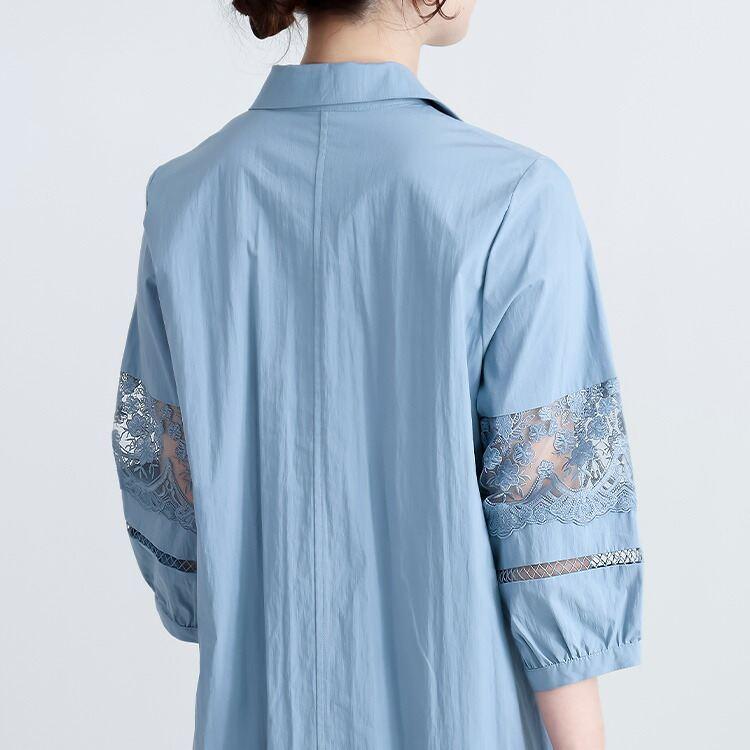 【送料無料】 華やかレース袖チュニック 3色 M-L 洗える 七分袖 八分袖 レディース トップス チュニック オープンカラー ロング丈 Ａライン 体型カバー |  | 13