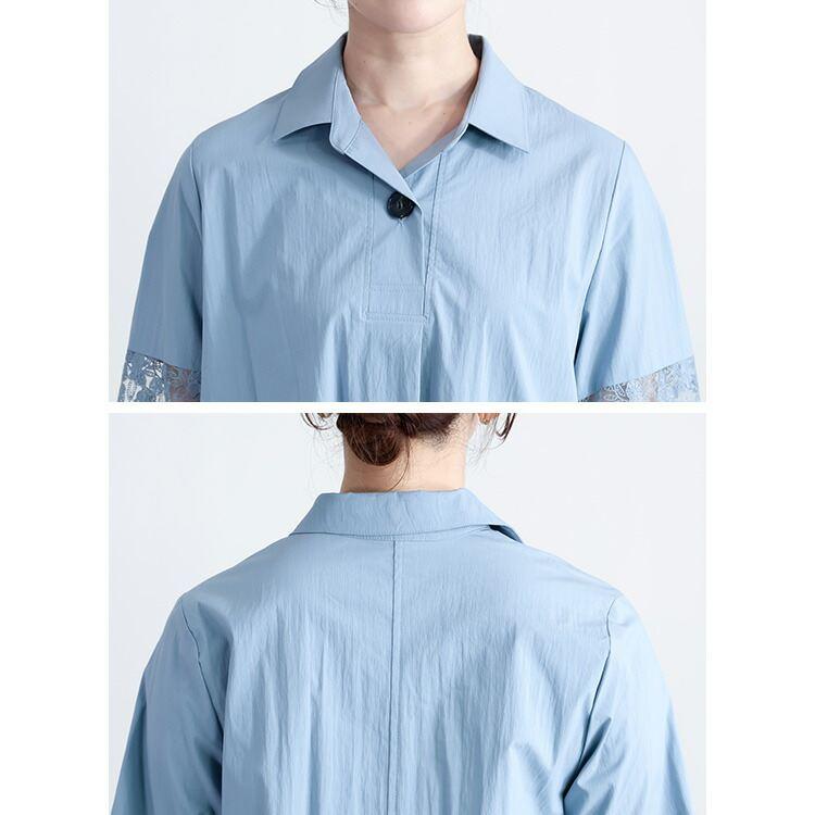 【送料無料】 華やかレース袖チュニック 3色 M-L 洗える 七分袖 八分袖 レディース トップス チュニック オープンカラー ロング丈 Ａライン 体型カバー |  | 17
