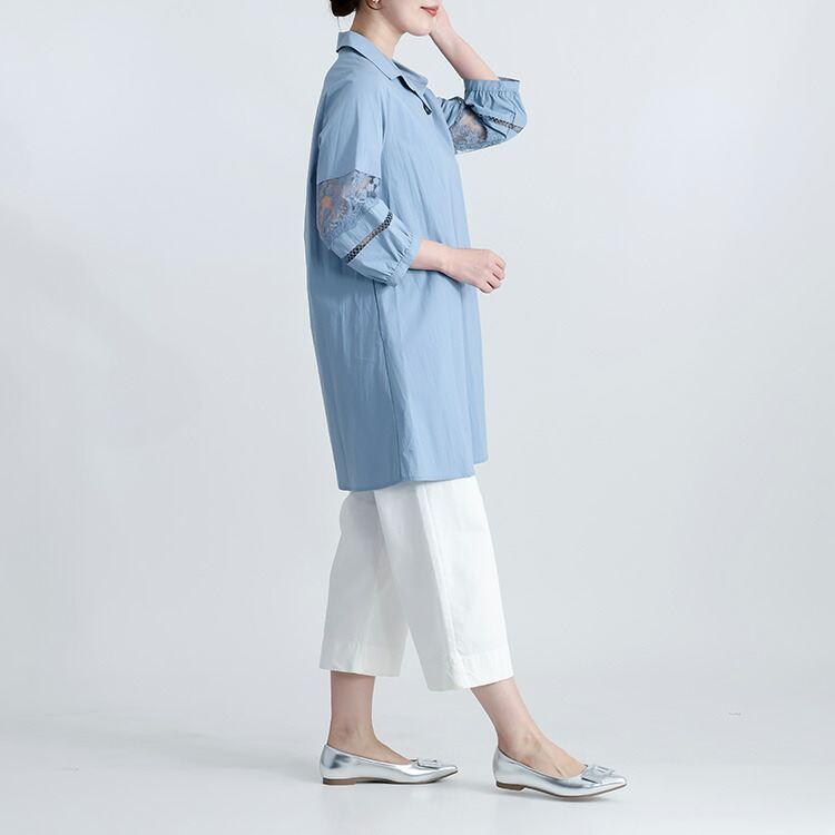 【送料無料】 華やかレース袖チュニック 3色 M-L 洗える 七分袖 八分袖 レディース トップス チュニック オープンカラー ロング丈 Ａライン 体型カバー |  | 12