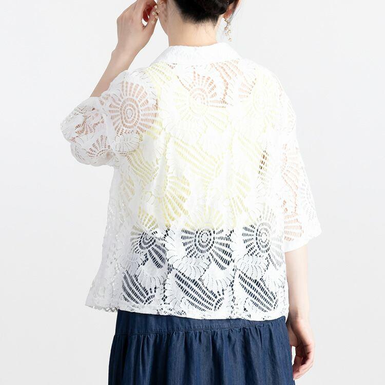 【送料無料】 レースシャツジャケット 3色 M-LL 洗える 五分袖 レース レディース アウター ジャケット トップス シャツ ブラウス 羽織 衿付き 綿 春夏 |  | 06