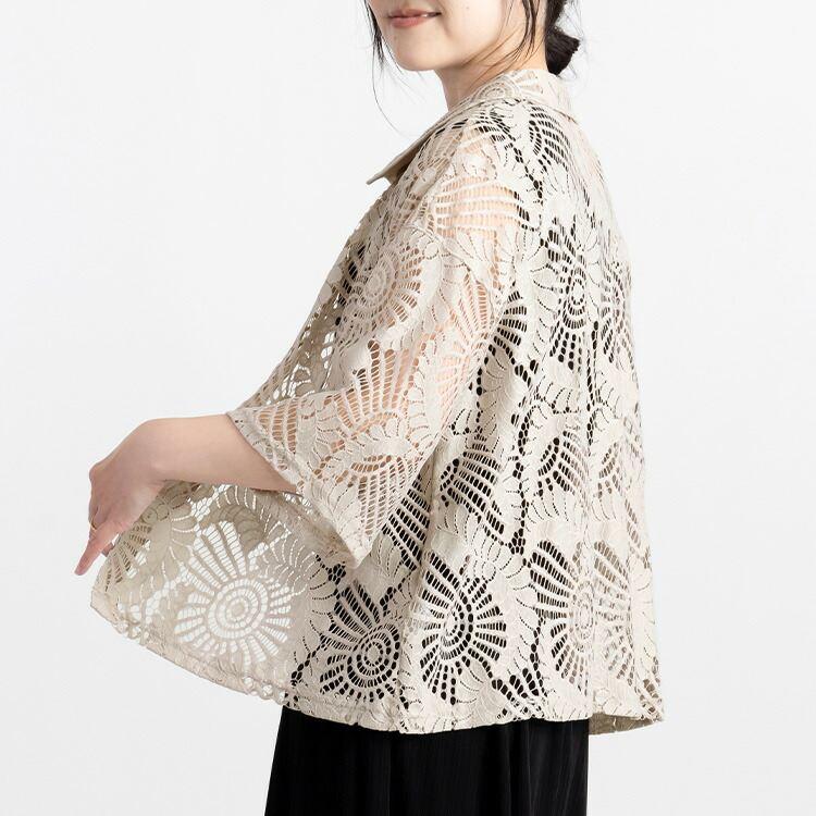 【送料無料】 レースシャツジャケット 3色 M-LL 洗える 五分袖 レース レディース アウター ジャケット トップス シャツ ブラウス 羽織 衿付き 綿 春夏 |  | 08