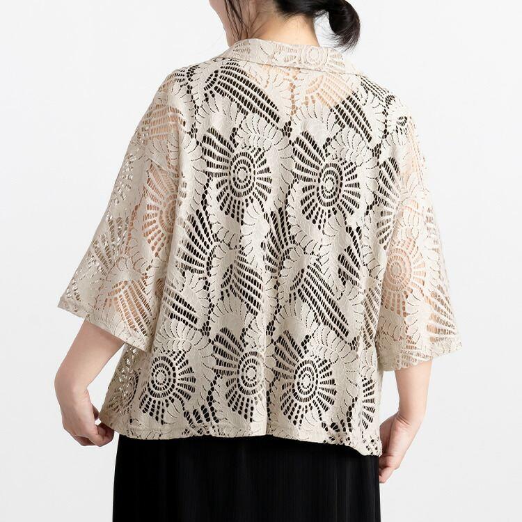 【送料無料】 レースシャツジャケット 3色 M-LL 洗える 五分袖 レース レディース アウター ジャケット トップス シャツ ブラウス 羽織 衿付き 綿 春夏 |  | 09