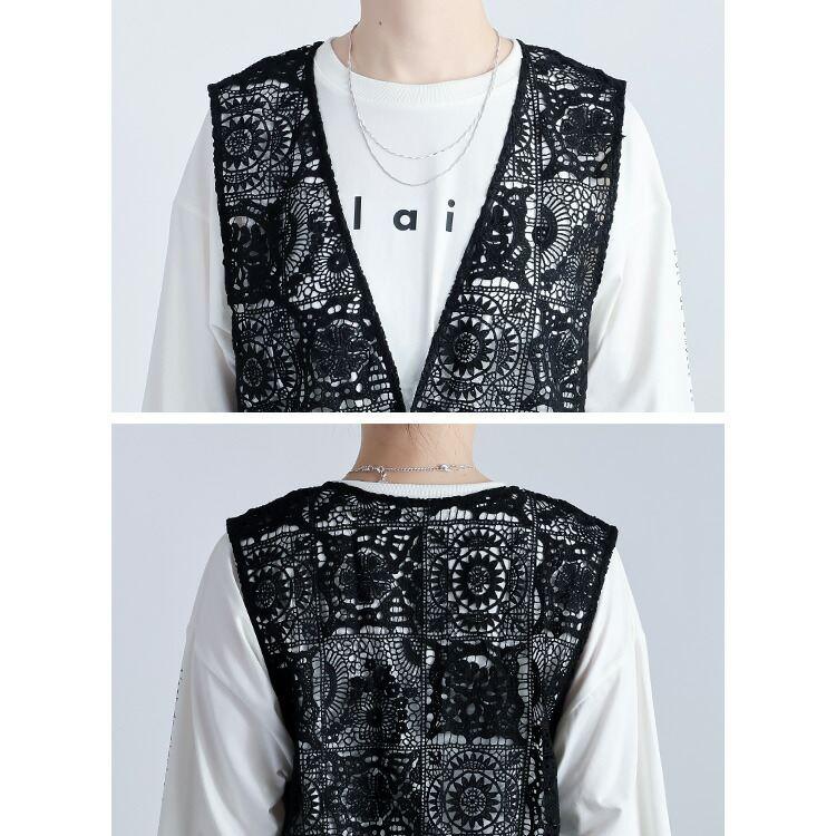【送料無料】 オリエンタル柄レースロングジレ M L 洗える ノースリーブ レディース アウター ベスト ジレ ロングベスト ロングジレ Iライン 体型カバー 春夏秋 |  | 10