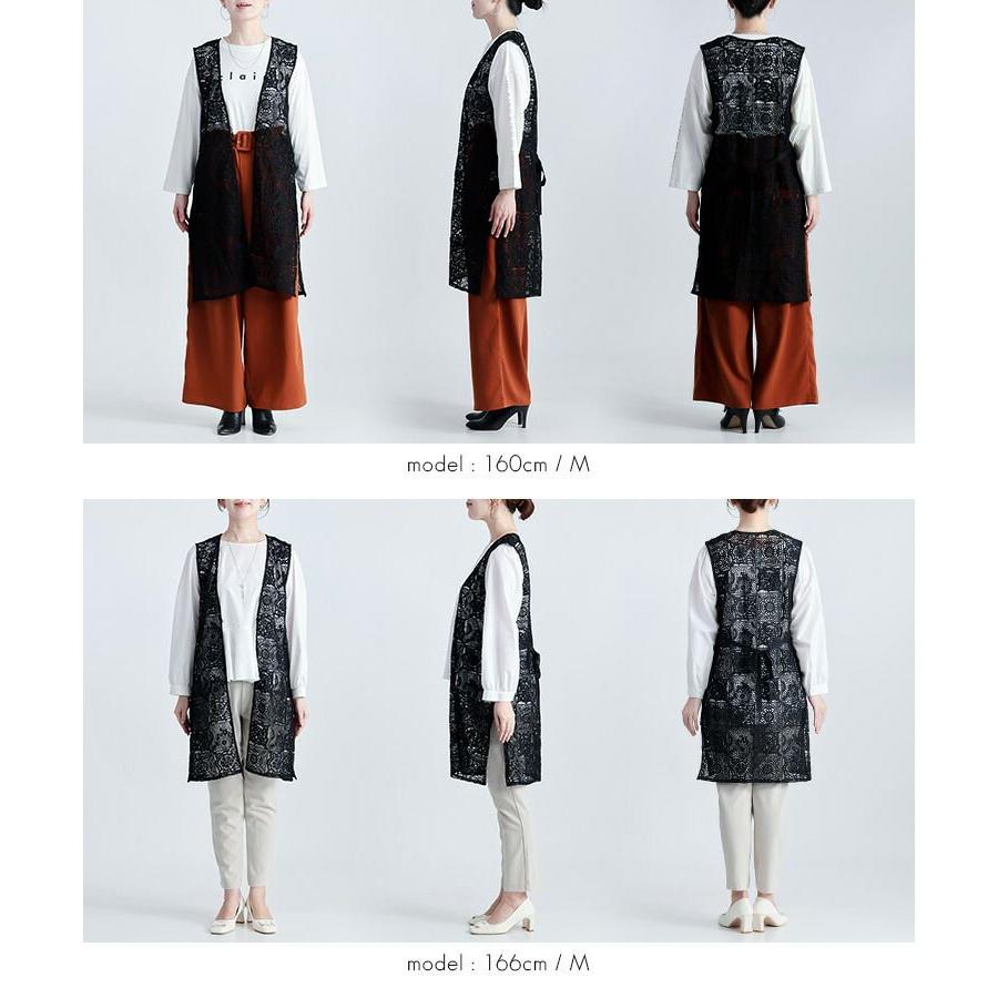 【送料無料】 オリエンタル柄レースロングジレ M L 洗える ノースリーブ レディース アウター ベスト ジレ ロングベスト ロングジレ Iライン 体型カバー 春夏秋 |  | 13