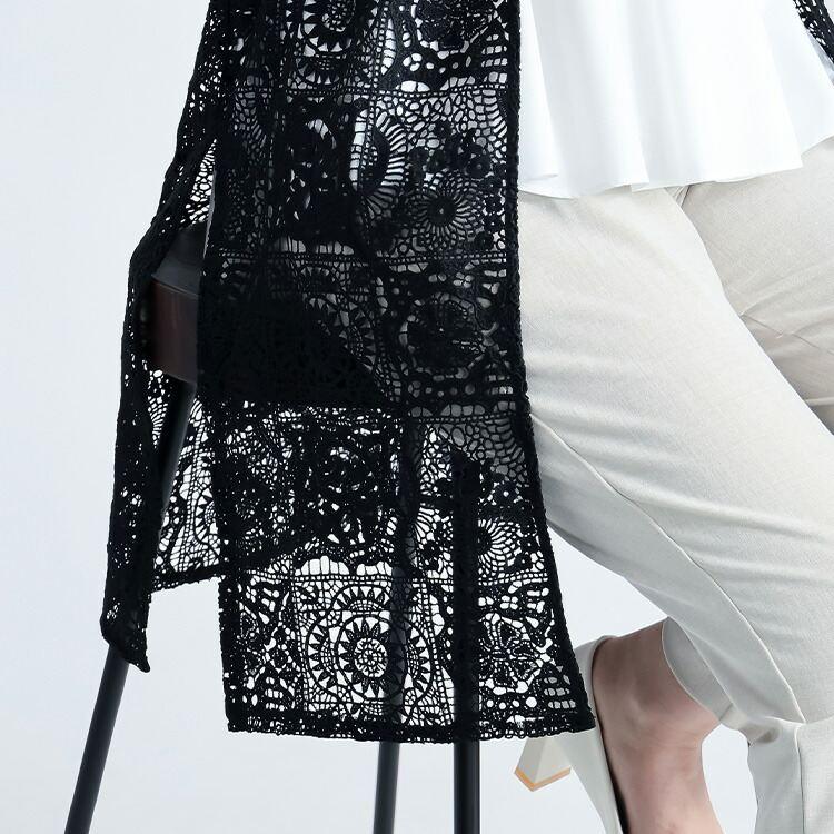 【送料無料】 オリエンタル柄レースロングジレ M L 洗える ノースリーブ レディース アウター ベスト ジレ ロングベスト ロングジレ Iライン 体型カバー 春夏秋 |  | 03