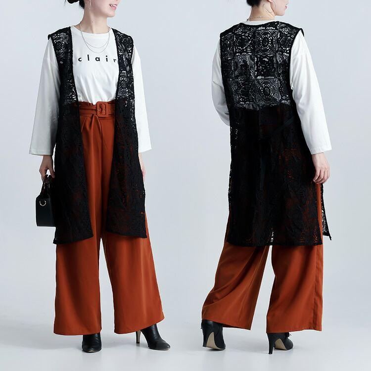 【送料無料】 オリエンタル柄レースロングジレ M L 洗える ノースリーブ レディース アウター ベスト ジレ ロングベスト ロングジレ Iライン 体型カバー 春夏秋 |  | 07