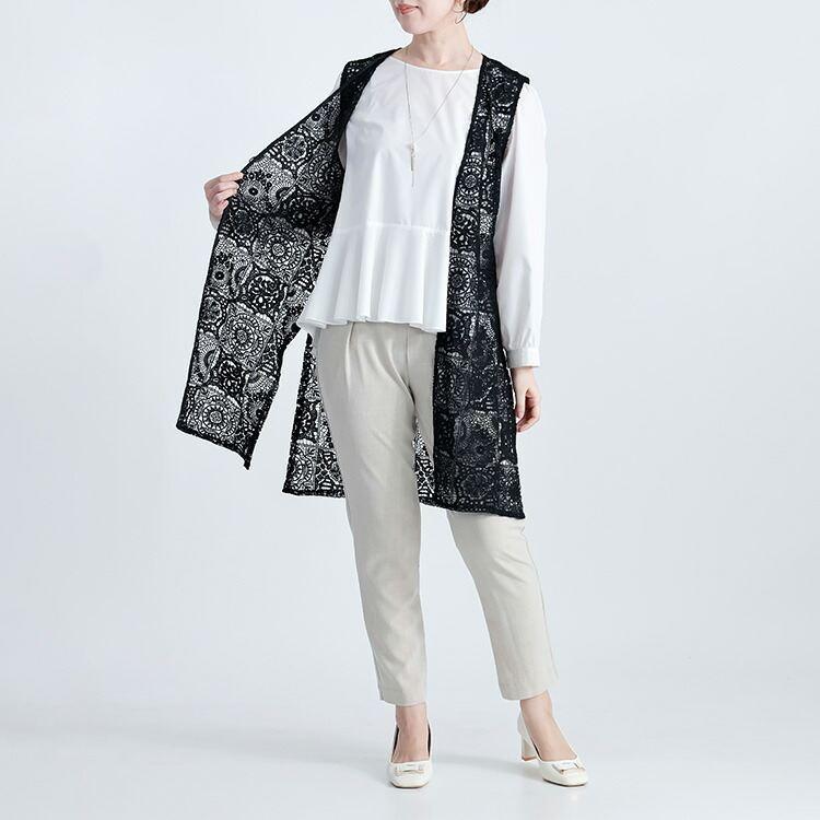 【送料無料】 オリエンタル柄レースロングジレ M L 洗える ノースリーブ レディース アウター ベスト ジレ ロングベスト ロングジレ Iライン 体型カバー 春夏秋 |  | 09