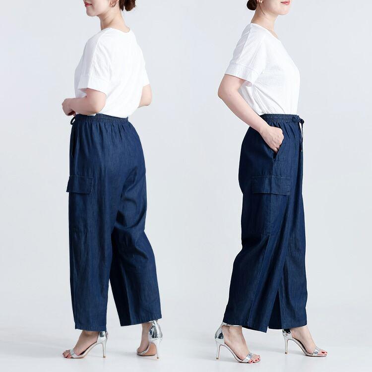 【ブルーMがラスト6着のみ/大幅値下】 デニムカーゴパンツ 洗える 10分丈 レディース ボトムス パンツ カーゴパンツ デニムパンツ ウエストゴム 綿100％ 通年 |  | 14