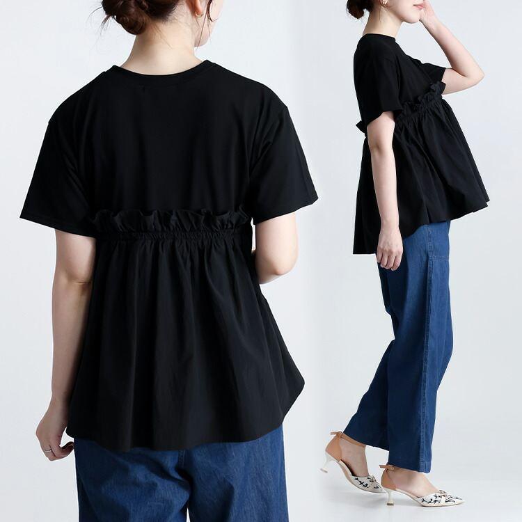 【送料無料】 ギャザーペプラム使いプルオーバー 2色 M L 洗える 半袖 異素材使い レディース トップス カットソー Tシャツ クルーネック ギャザー 夏 |  | 10