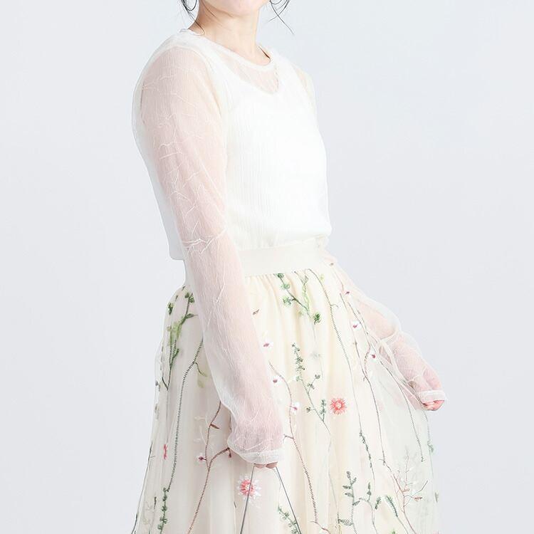 【再入荷】 ワッシャーチュールプルオーバー 4色 M L 洗える 長袖 レディースファッション トップス インナー Tシャツ 透け感 シースルー 春夏秋 |  | 06