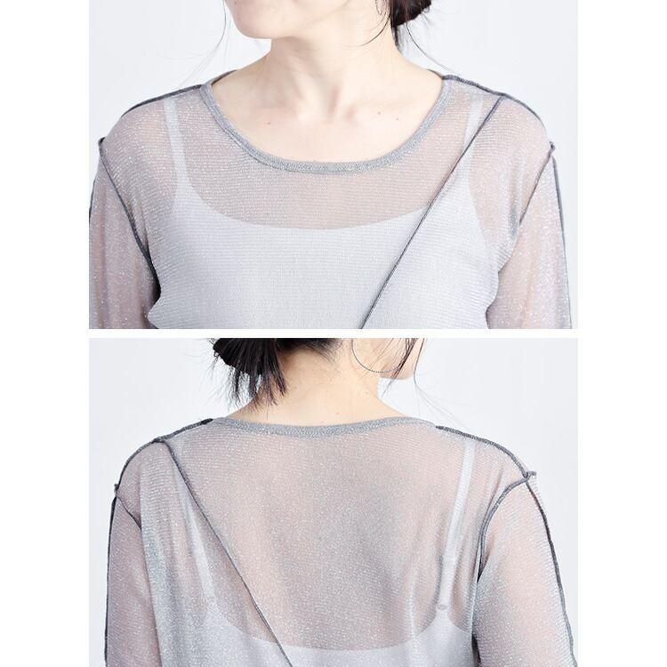 【再入荷】 ラメチュール切替プルオーバー 3色 M L 洗える 長袖 レディースファッション トップス インナー Tシャツ シアー 透け感 レイヤード 春夏秋 |  | 13