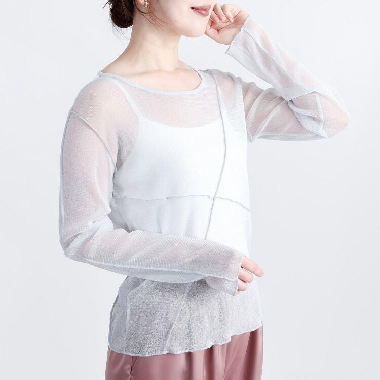【再入荷】 ラメチュール切替プルオーバー 3色 M L 洗える 長袖 レディースファッション トップス インナー Tシャツ シアー 透け感 レイヤード 春夏秋 |  | 05
