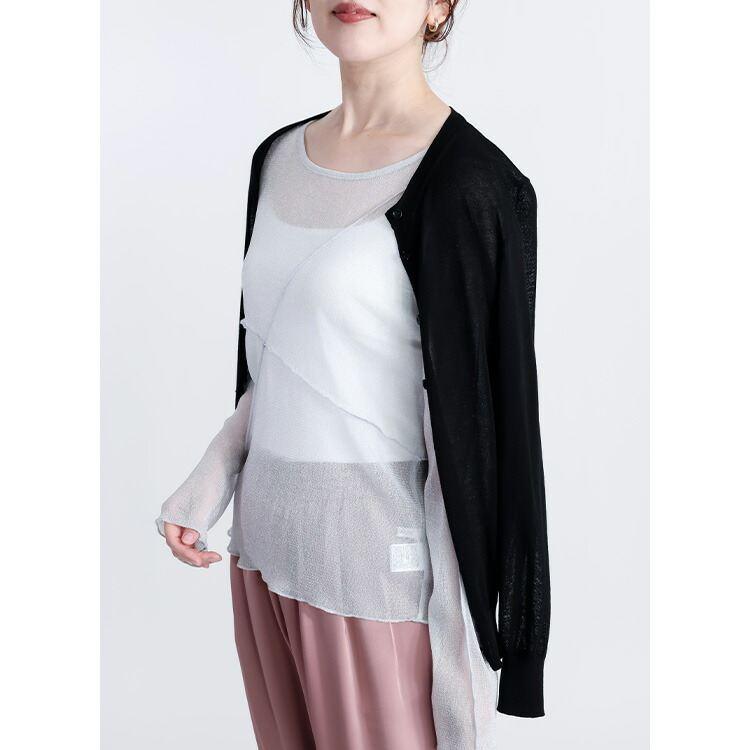 【再入荷】 ラメチュール切替プルオーバー 3色 M L 洗える 長袖 レディースファッション トップス インナー Tシャツ シアー 透け感 レイヤード 春夏秋 |  | 06