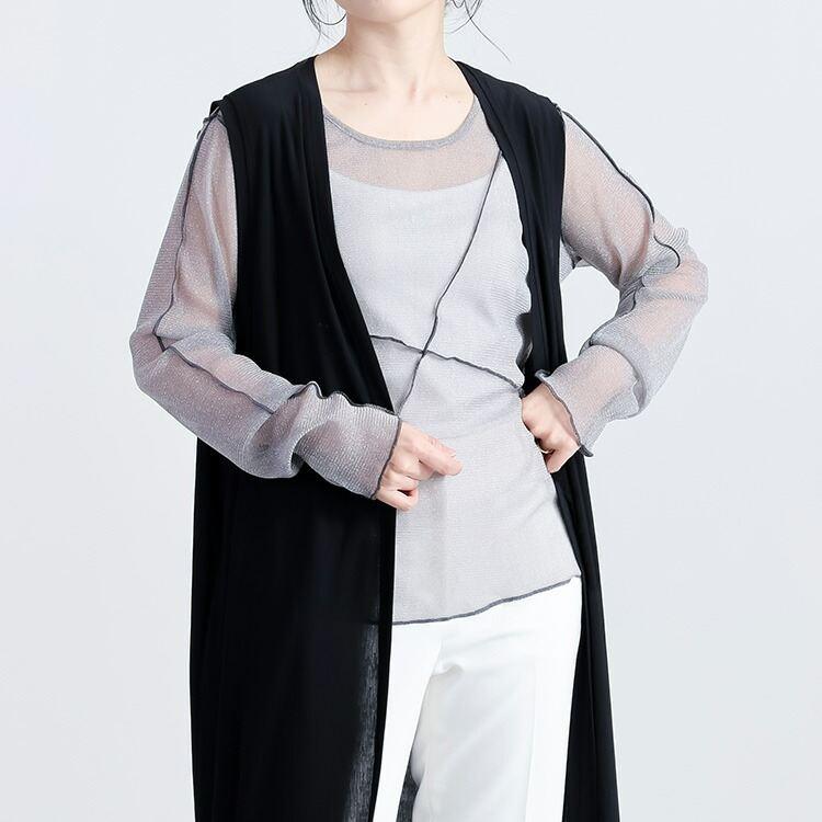 【再入荷】 ラメチュール切替プルオーバー 3色 M L 洗える 長袖 レディースファッション トップス インナー Tシャツ シアー 透け感 レイヤード 春夏秋 |  | 08