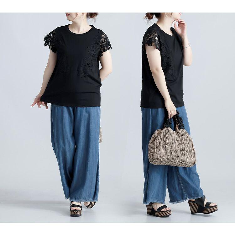 【送料無料/再入荷】 ひんやりケミカルレースカットソー 4色 M-LL 接触冷感 洗える 半袖 レディース トップス インナー カットソー Tシャツ レース 花柄 夏 |  | 17