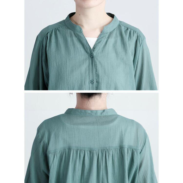 【送料無料/再入荷】 楽ちんケア！綿楊柳100％バンドカラーシャツ 5色 M L 洗える 7分袖 レディース トップス シャツ ブラウス 体型カバー 綿100％ 軽量 夏 |  | 19
