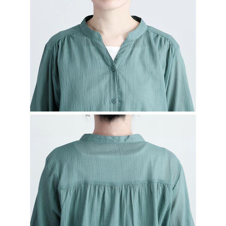 【送料無料/再入荷】楽ちんケア！綿楊柳100％バンドカラーシャツ 5色 M L 洗える 7分袖 レディース トップス シャツ ブラウス 体型カバー 綿100％ コットン 軽量 |  | 20