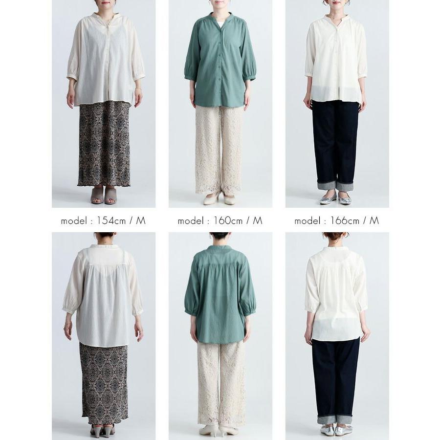 【送料無料/再入荷】 楽ちんケア！綿楊柳100％バンドカラーシャツ 5色 M L 洗える 7分袖 レディース トップス シャツ ブラウス 体型カバー 綿100％ 軽量 夏 |  | 21