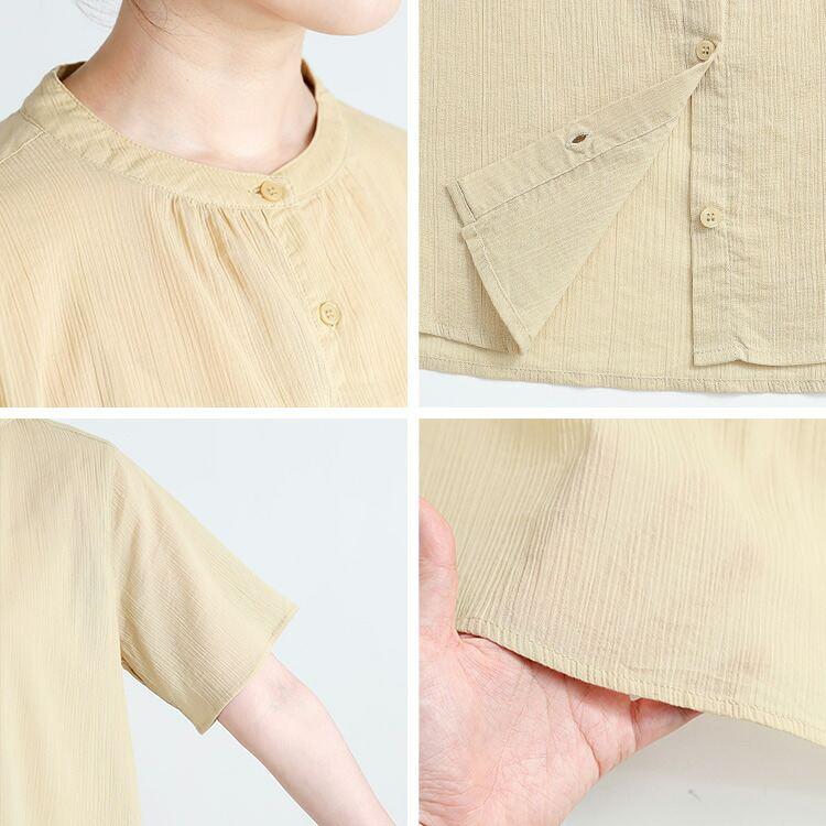 【ラスト5着のみ】【送料無料/再入荷】 楽ちんケア！綿楊柳100％ノーカラーシャツ 3色 M L 洗える 半袖 レディース トップス シャツ ブラウス 楊柳 綿 コットン |  | 18